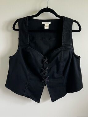 Plus Size Stretchy Cotton Blend Black Lace-Up Corset Vest